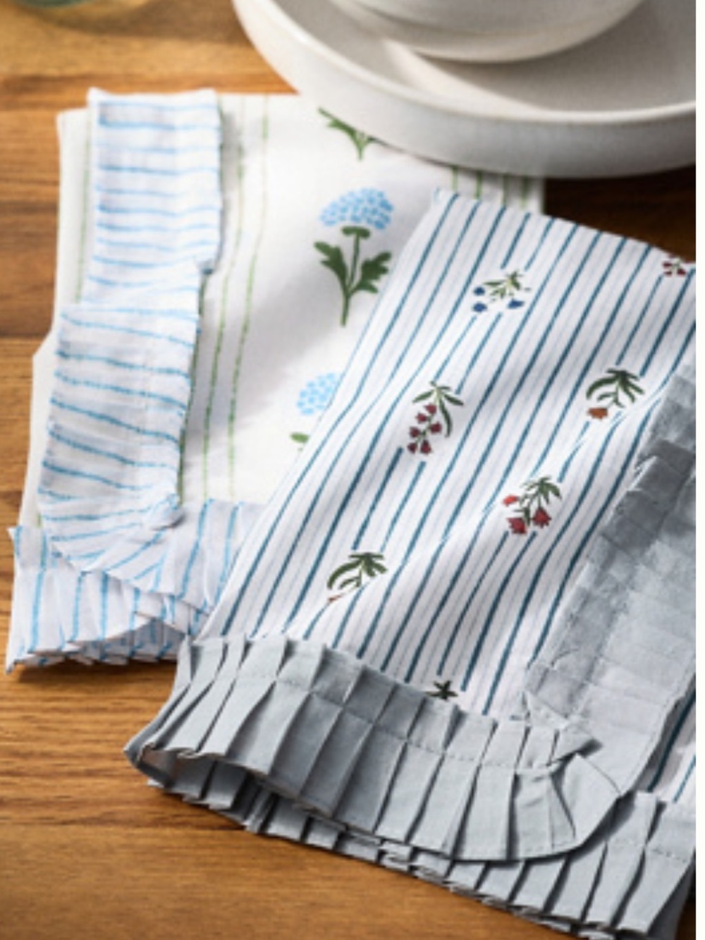 Anthropologie Brigette Napkins Floral Striped Pleated Blue and White